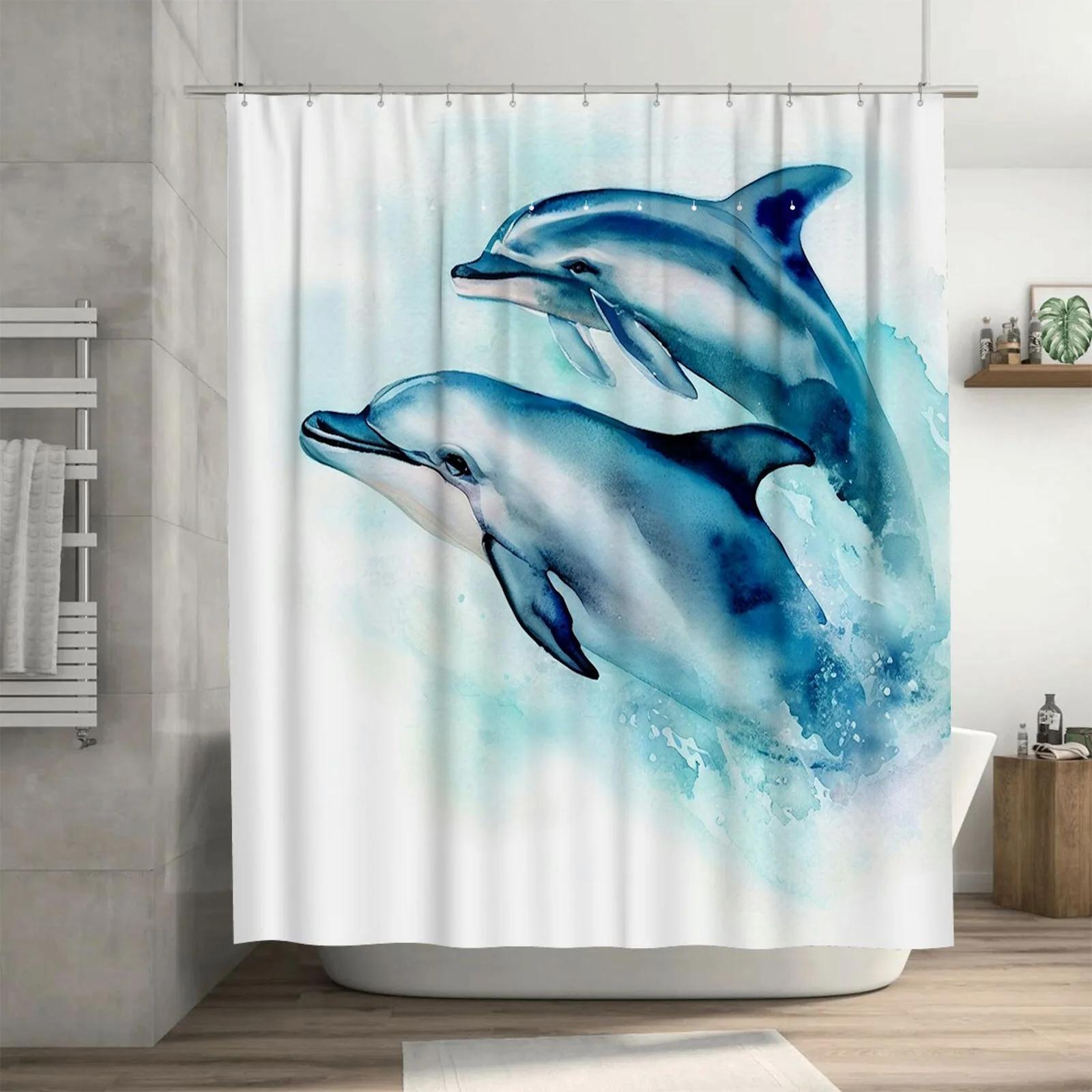

Oceanic Watercolor Dolphin Waterproof Shower Curtain - Artistic Design For Bathroom Decor, Adds Unique Coastal Charm W60H190(CM)-1 Pcs