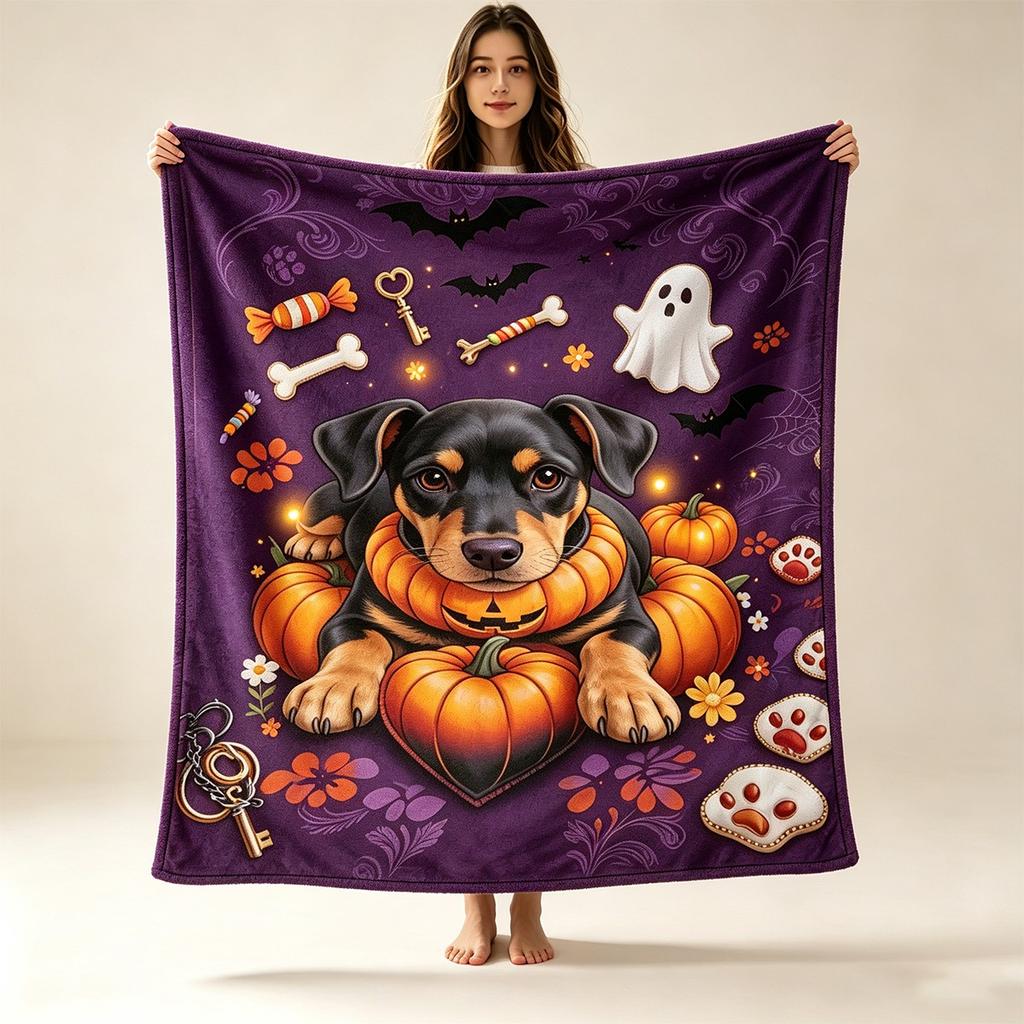 Newest Halloween Dachshund Puppy Pumpkin Ghost Purple Flannel Throw Blanket, Cute Dog Holiday Blanket for Sofa Bedroom Decor
