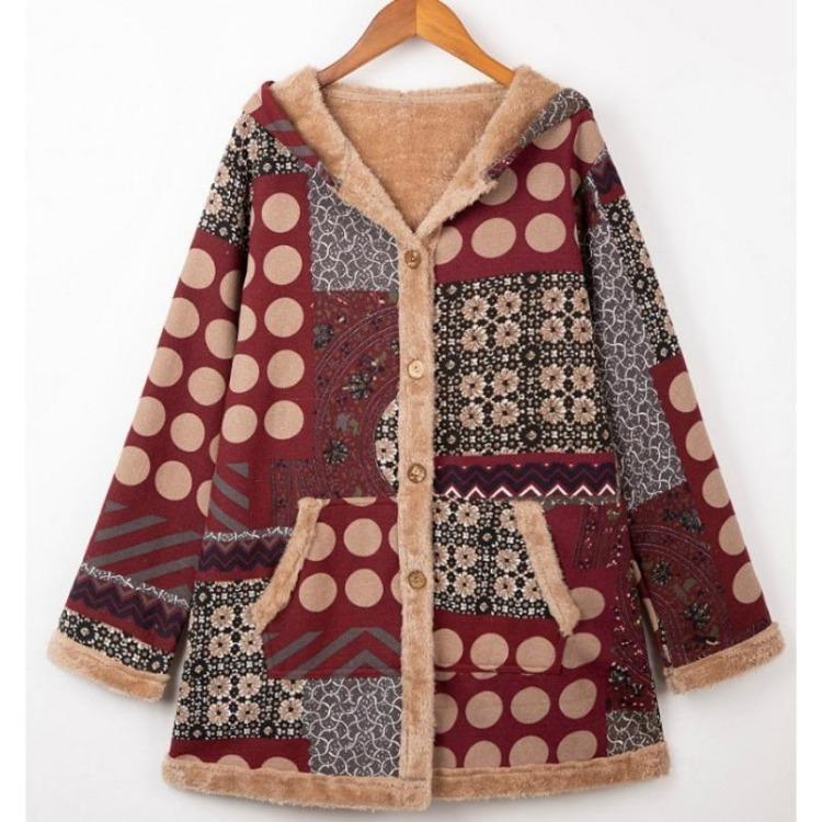 Retro Winter Fleece Hooded Jacket for Women Warm Long Loose Coat Plus Size Printed Outwear with Pockets