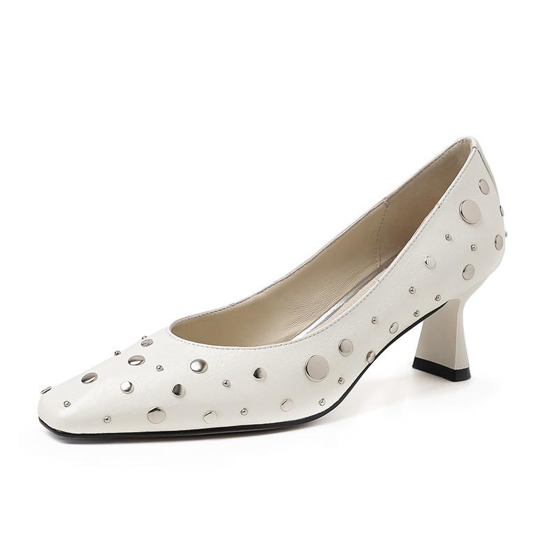 Fashion New Spring/summer Split Leather Shallow Shoes for Women Fashion Rivet Square Toe Women Pumps Breathable High Heels Black