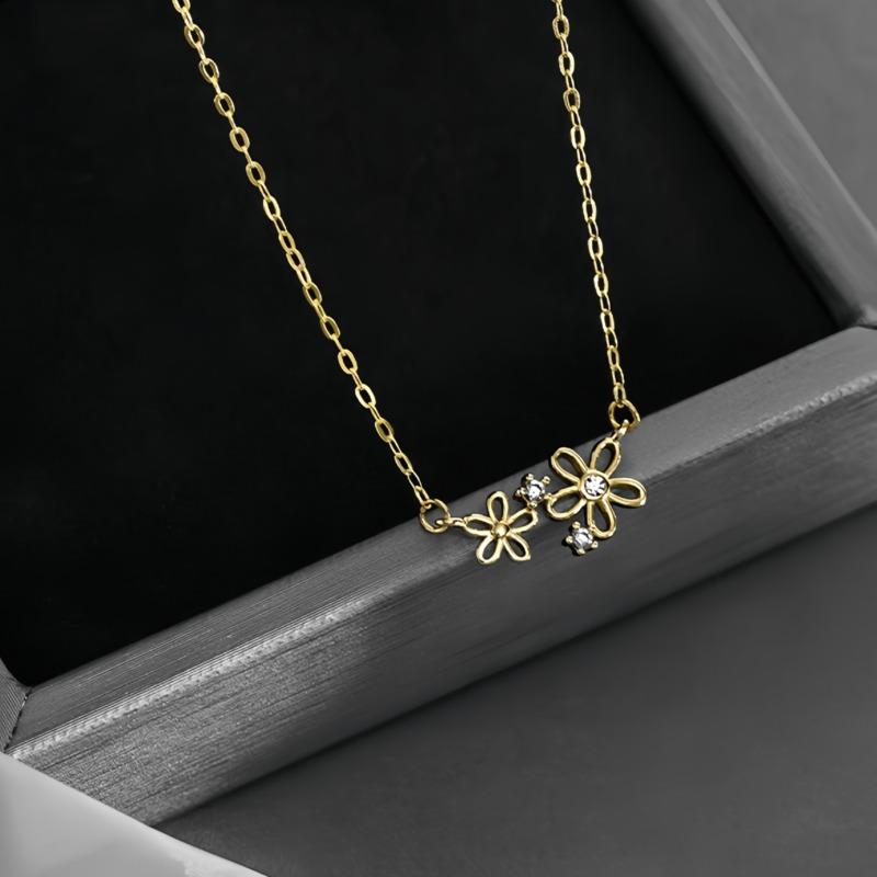 BELLA BOX S925 Sterling Silver Plated With 14K Gold Necklace With Two Small Flowers, A Simple Japanese And Korean Collarbone Chain Girl