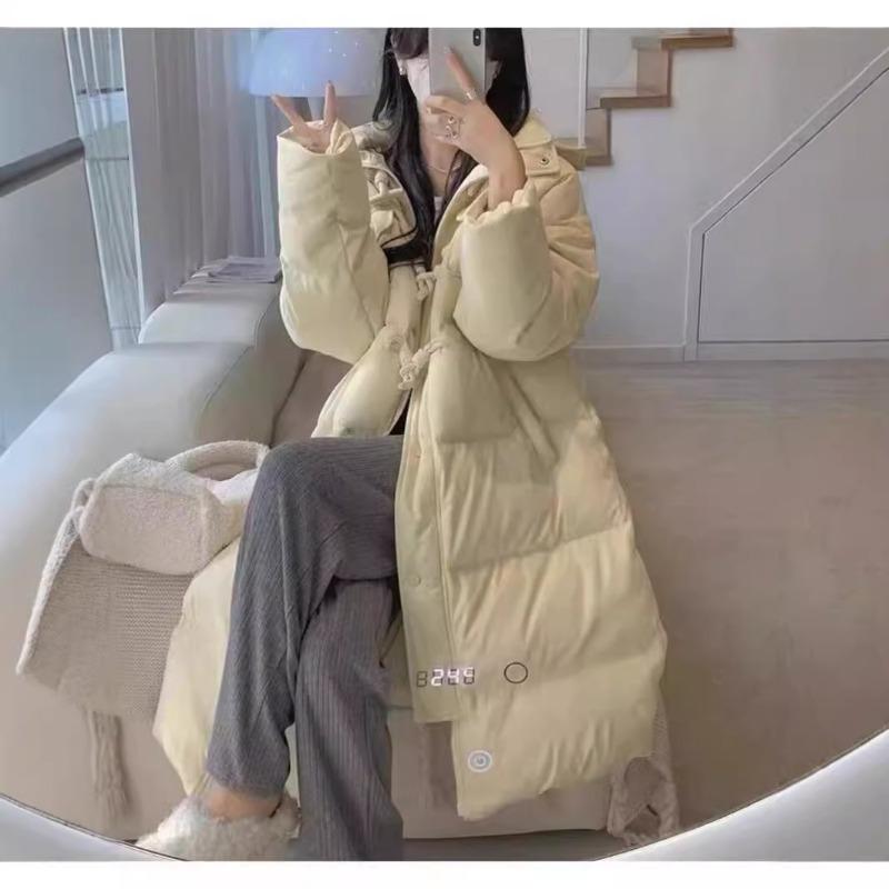 New Horn Buckle Winter Down Cotton Clothes Women's Medium and Long Thickened Large Fur Collar Hooded Thickened Jacket Black