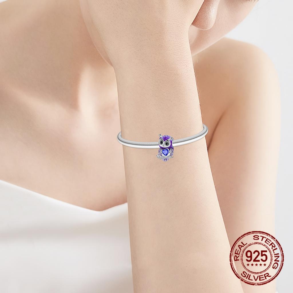 Copper Animal Purple Owl Zircon Pendant Charm Compatible With Authentic Charm Bead Charms Bracelets Women Do It Yourself Jewellery Gift