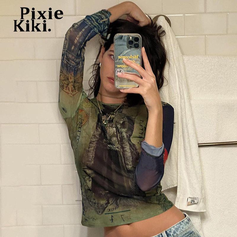 

Y2k Стиль Графические Футболки 2000-х Эстетичные Винтажные Зеленые Принты Сетка Прозрачный Кроп-Топ Сексуальные Футболки с длинными рукавами