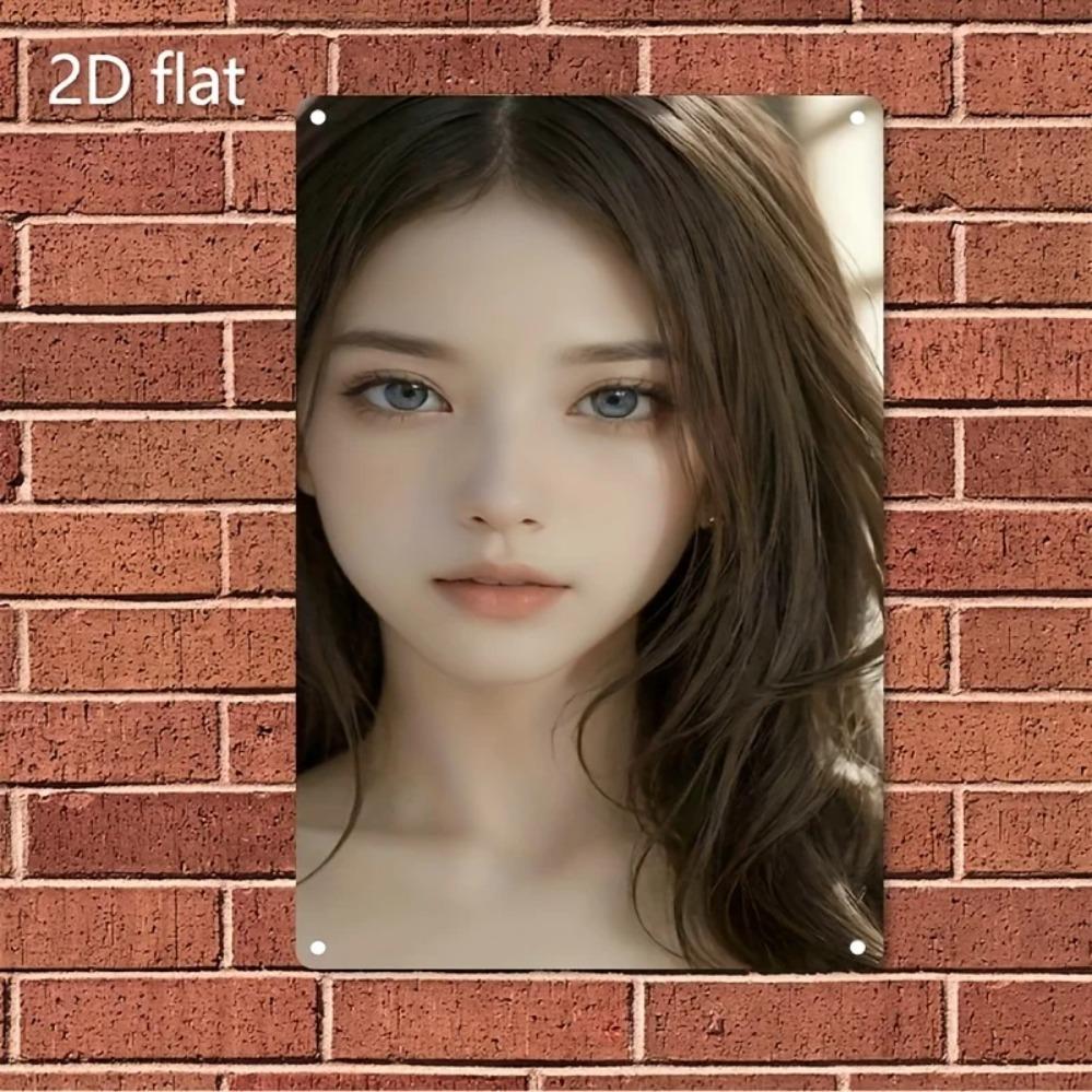 Korean Art Metal Sign - Asian Woman Face Portrait Iron Wall Decor for Home Bar Cafe, Durable 2D Flat Poster