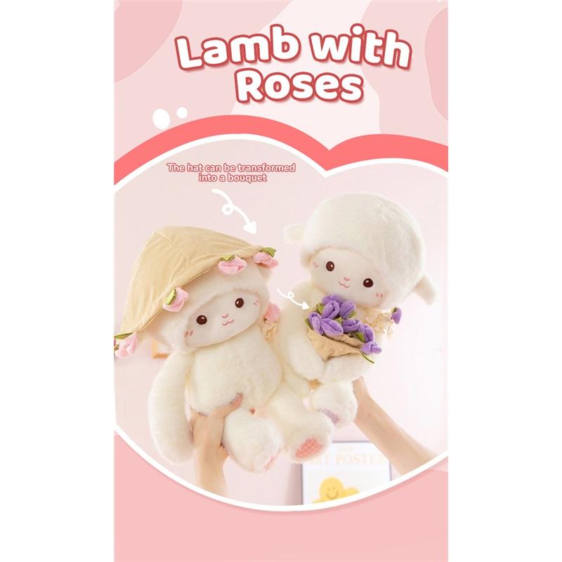 Rose Bouquet Sheep Doll with Hand Magnetic Soft Animal Plush Small Anime Hugging Lamb Doll Birthday Girls Valentine Gift