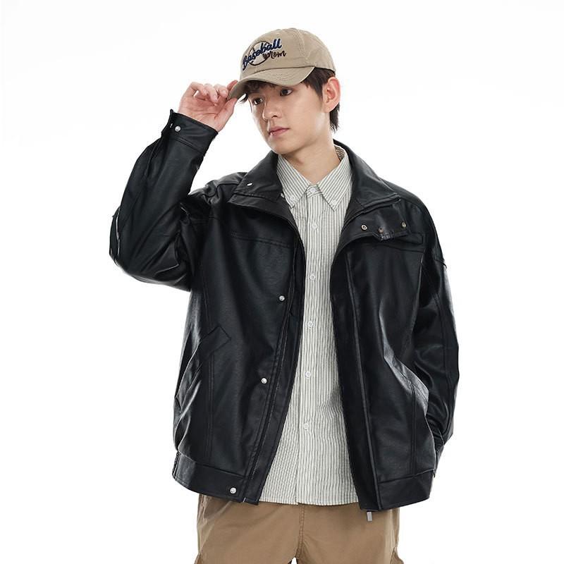 Black Cool Handsome Pu Leather Jacket Men'S Loose Clothes Trendy Brand Ruffian Handsome Locomotive Clothing American Jacket Trendy