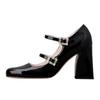 New Style Mary Jane Chunky Heels Women's Square Head High Temperament Line with Rhindiamonds Patent Leather Professional Shoes