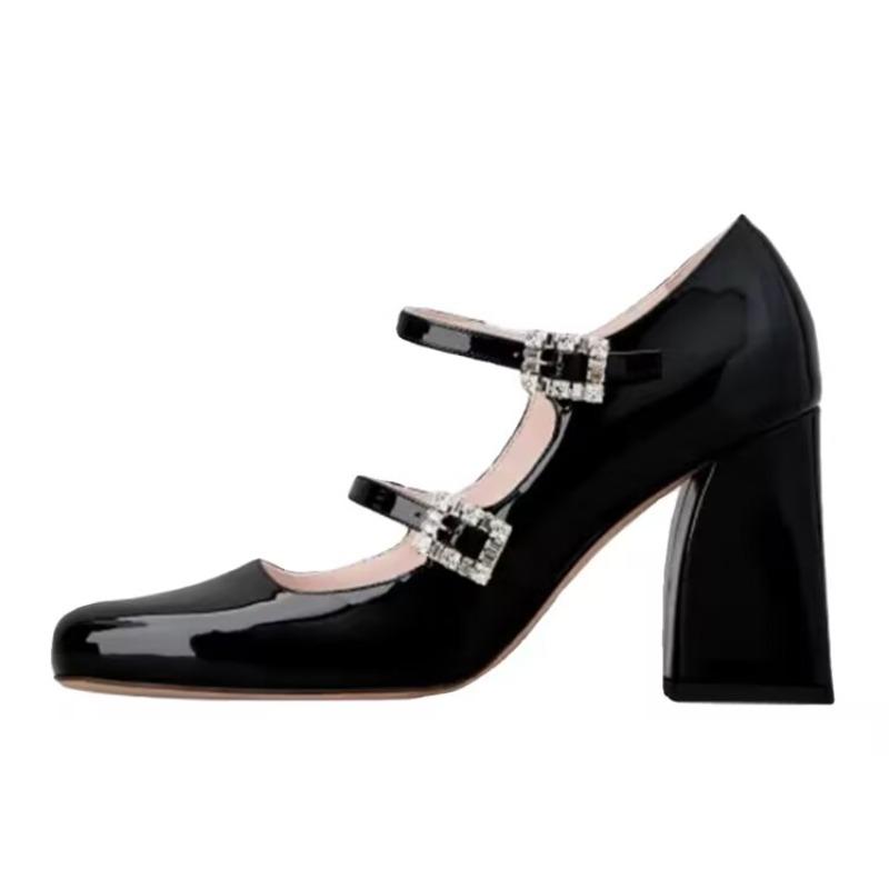 New Style Mary Jane Chunky Heels Women's Square Head High Temperament Line with Rhindiamonds Patent Leather Professional Shoes