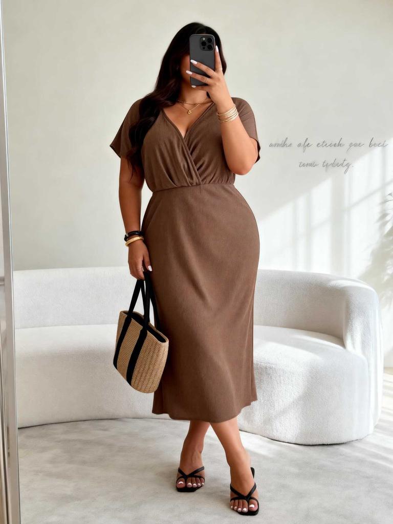 Large size women's clothing summer deep V-neck bat sleeves waist and thin temperament coffee break long dress