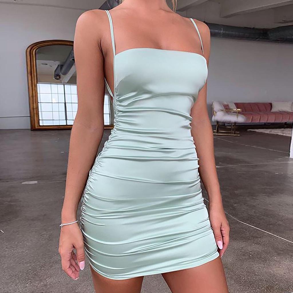 European and American Sexy Backless Babes Pleated Solid Color Hip-wrapped Slim Suspender Temperament Dress Spot Wholesale