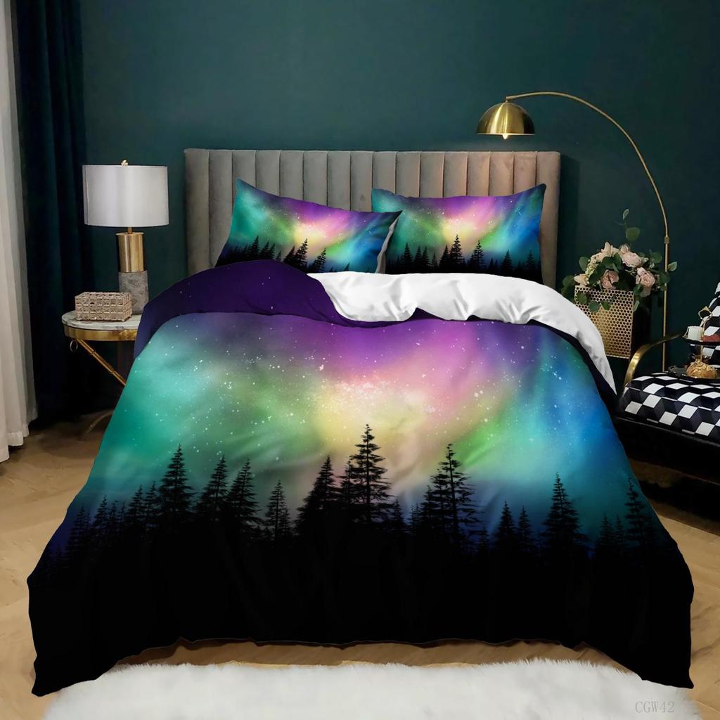 Aurora Borealis Polyester Bettbezug-Set Baum unter Magnetfeld der Natur mit Nordlichter-Landschaftsbild King Size
