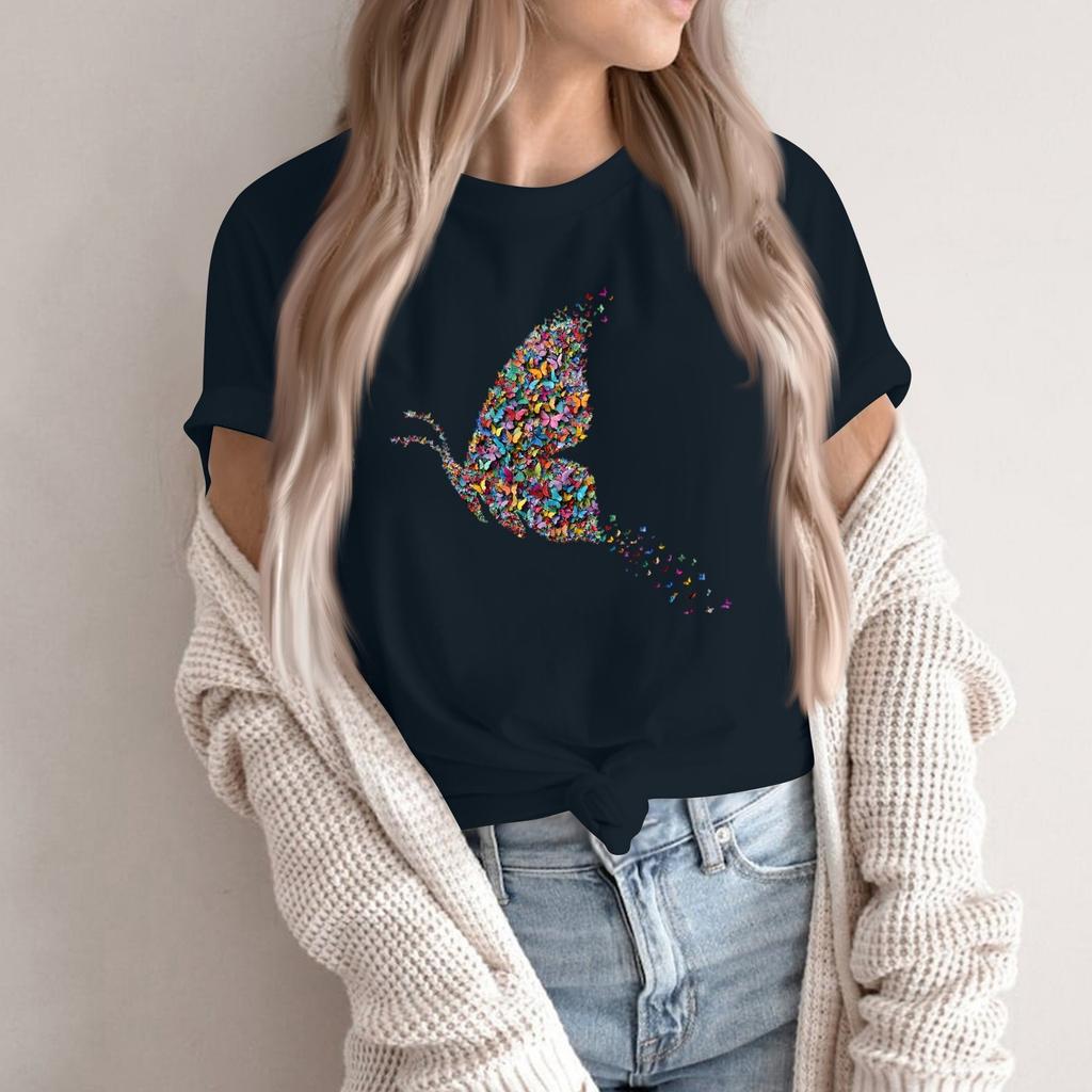 Women's Fashion Casual Printed Round Neck Short Sleeved Pullover T-Shirt Top