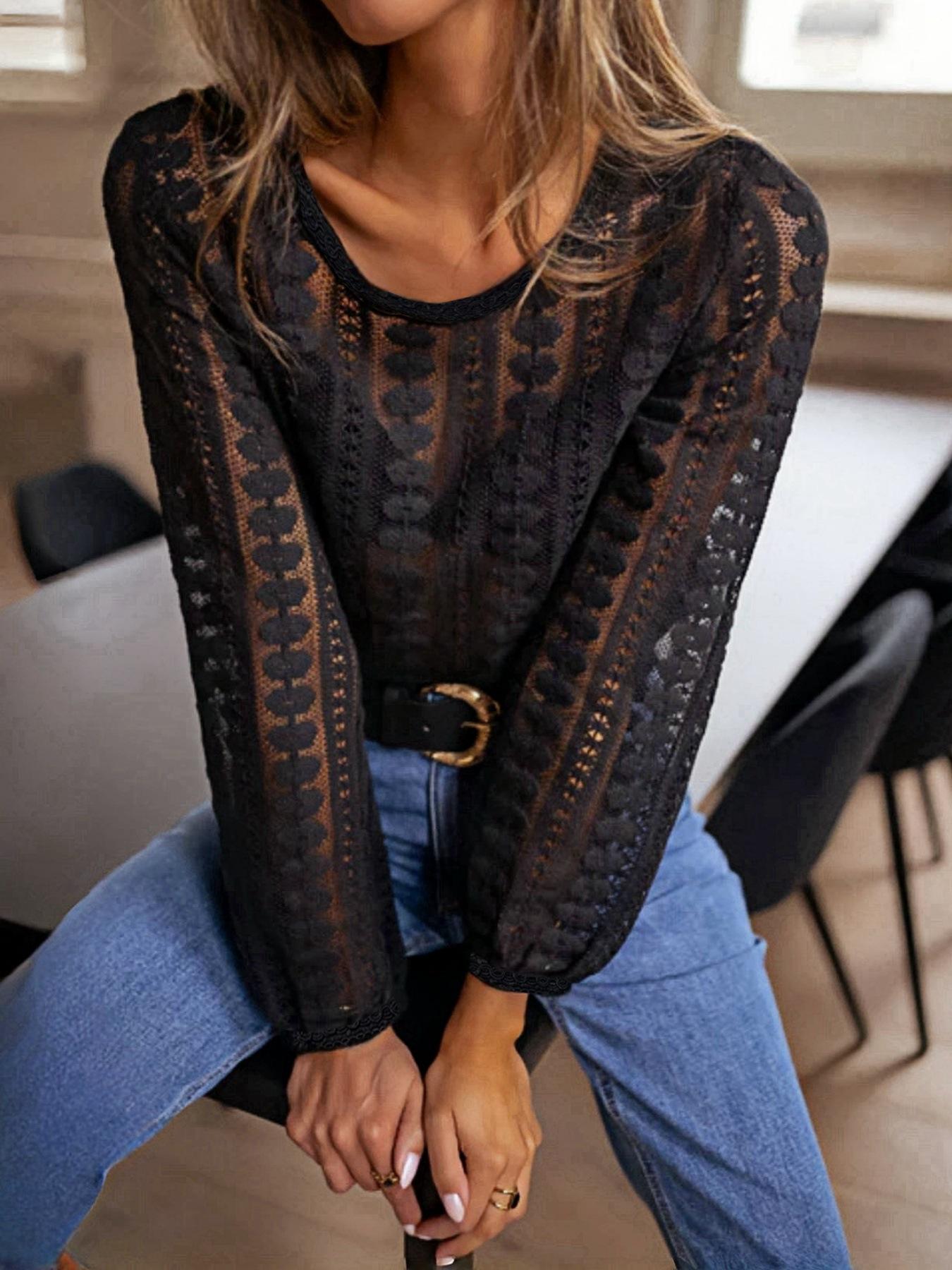 Women s Lace Hollow-Out Long-Sleeve Top, INS Hot-Selling Design Large