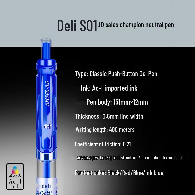Deli S01 Retractable 0.5mm Dark Blue Gel Pens, 12-Count Pack