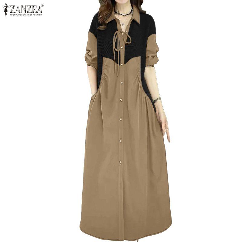 ZANZEA Women Casual Turn Down Collar Long Sleeve Loose Patchwork Dress
