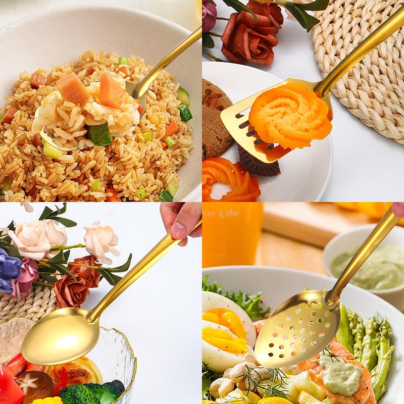 2/6pcs Stainless Steel Kitchenware Set Home Creative Korean Golden Soup Spoon Colander Pot Spoon Kitchen Cooking Frying S