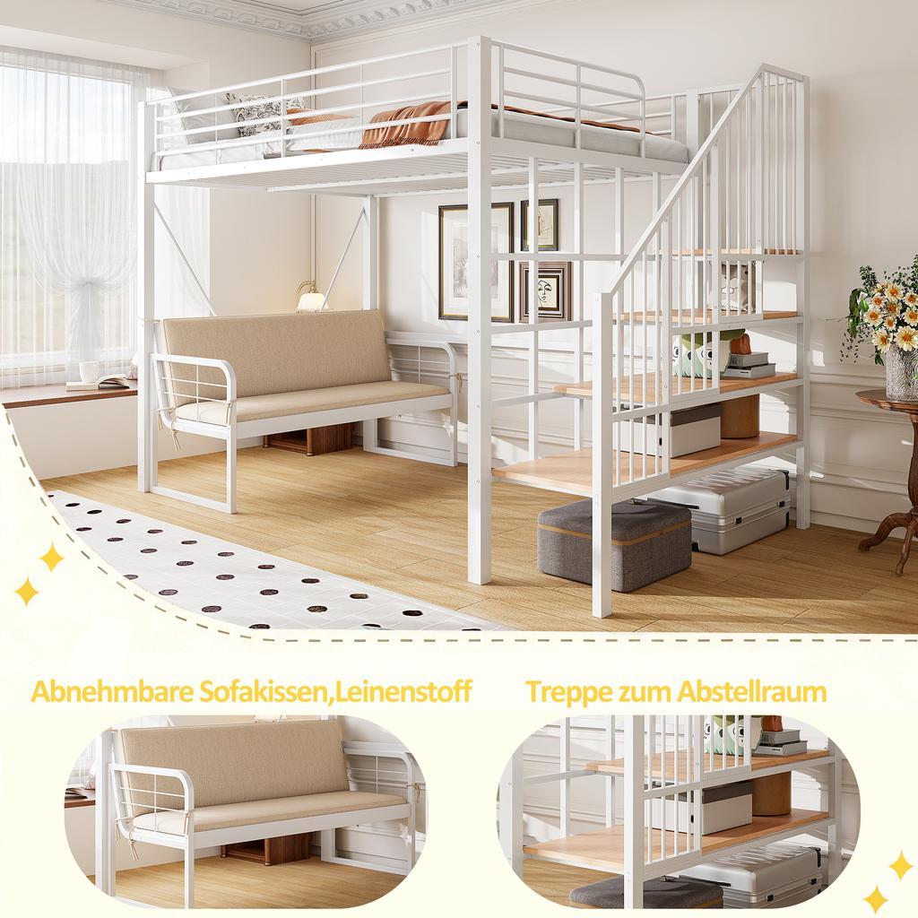 Bunk Bed (140 X 200) with Stable Metal Frame, Removable Upholstered Sofa, Storage Space and Safety Staircase. Suitable for Children and Adults White