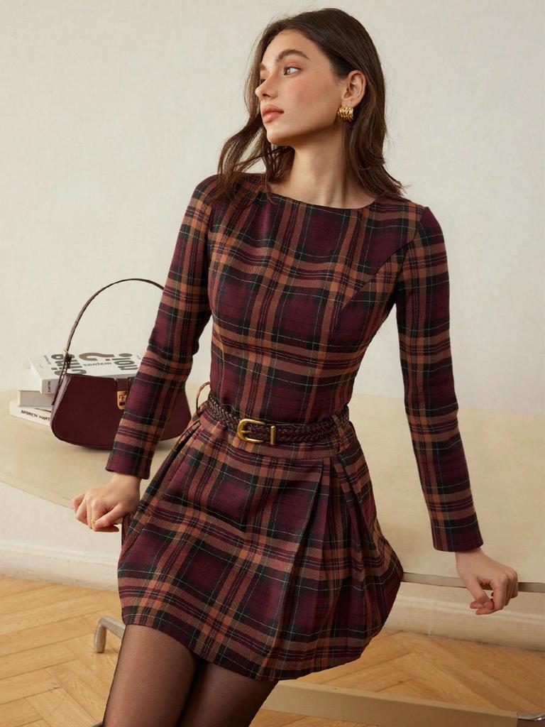 2026 Spring/Autumn Women's Elegant Plaid Long Sleeve Round Neck Dress for Dates