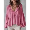 2026 Spring and Autumn Casual Sweet Ruffled Puff Sleeve Pleated Shirt Women's V-Neck Top
