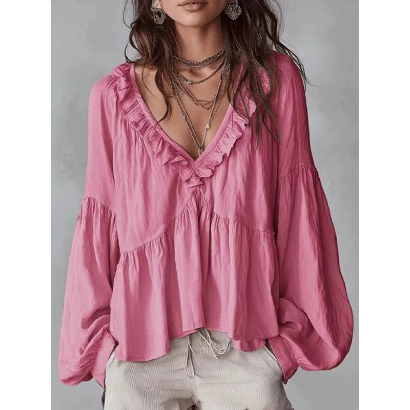 2026 Spring and Autumn Casual Sweet Ruffled Puff Sleeve Pleated Shirt Women's V-Neck Top