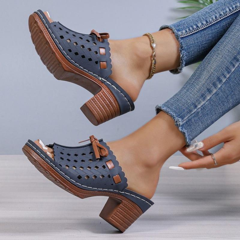 Women's Summer Hollow High-Heel Peep-Toe Chunky-Heel Color-Blocked Slide Sandals, Comfortable Outdoor Footwear, Available In Large Sizes.