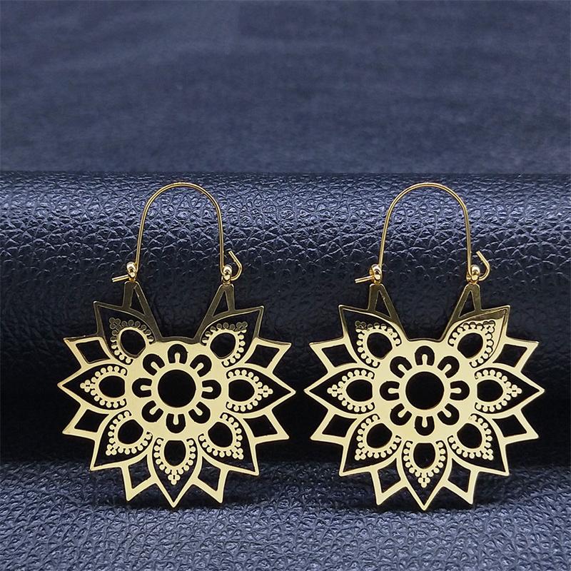 Trendy Yoga Lotus Flower Earrings Stainless Steel Gold Color Hoop Earrings for Women Jewelry boucles d'oreilles E9360S01