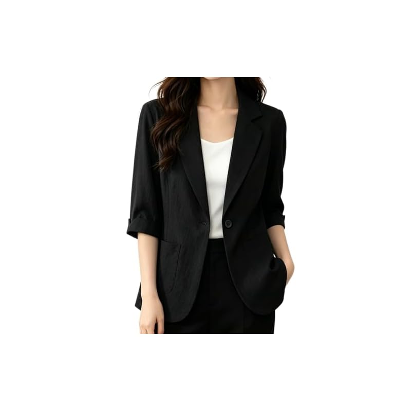 [Kayiyasu] Tailored Jacket Women's Suit Summer Lightweight Short Sleeve Blazer Cool Slimming Formal (XL Black)