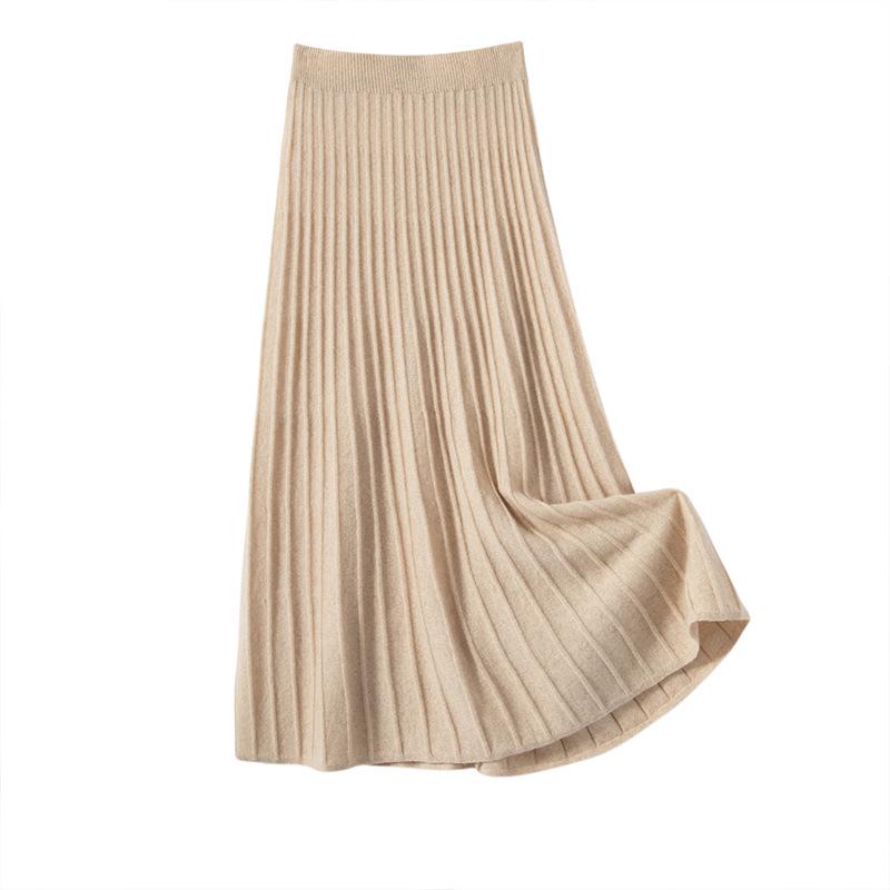 Women's Mid-Length A-Line Cashmere Knit Skirt - High-Waisted, Ribbed, Slimming, Pleated, Versatile.