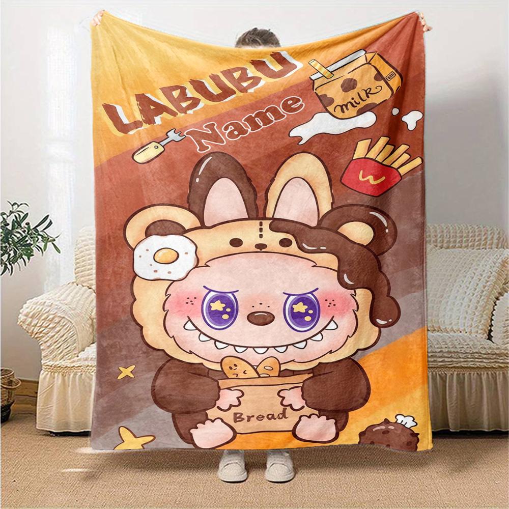 Custom Name Labubu Theme Printed Blanket - Perfect for Couch, Bed, Travel & Outdoor Use | Machine Washable, Cozy & Durable.