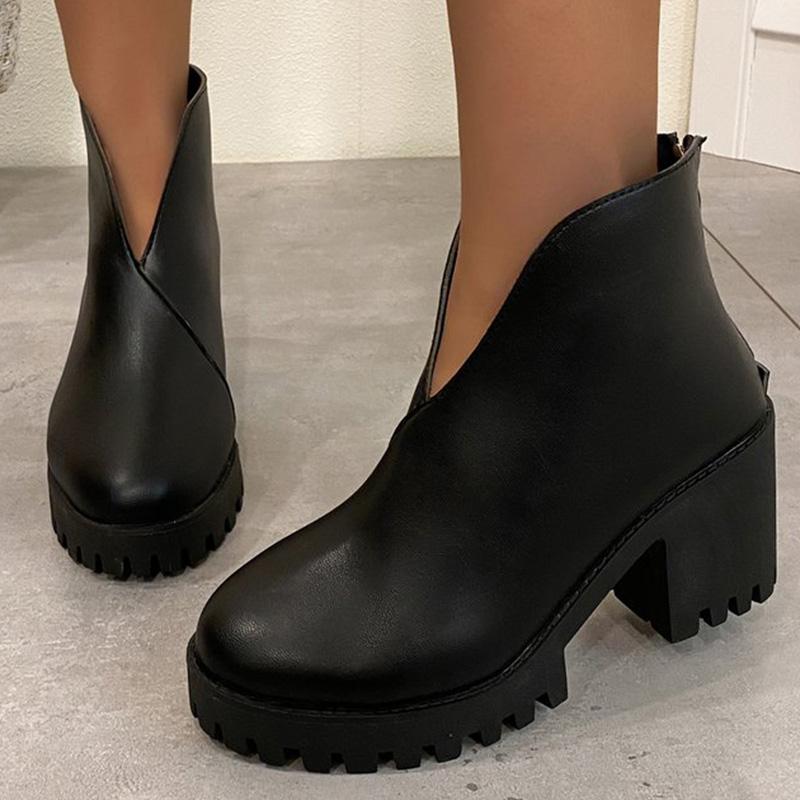 Fashion Elegant Black Platform Modern Boots Women Autumn Winter Faux Pu Leather Ankle Boots Woman Plus Size 35-43 Soft Insole Botas Lady