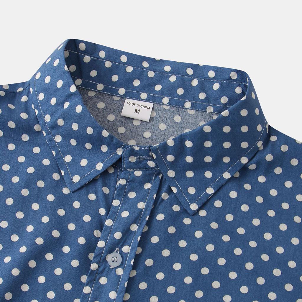 Men's Summer Leisure Vacation Printed Cotton Linen Top Polka Dot Print Lapel Short Sleeve Shirt