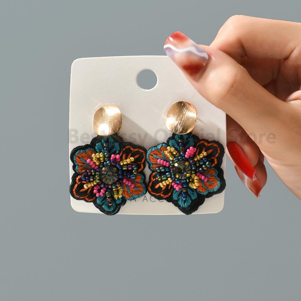 Handmade Embroidered Flower Dangle Earrings For Women Boho Luxury Elegant Colorful Rice Beads Decor Pendant Fashion Jewelry Gift