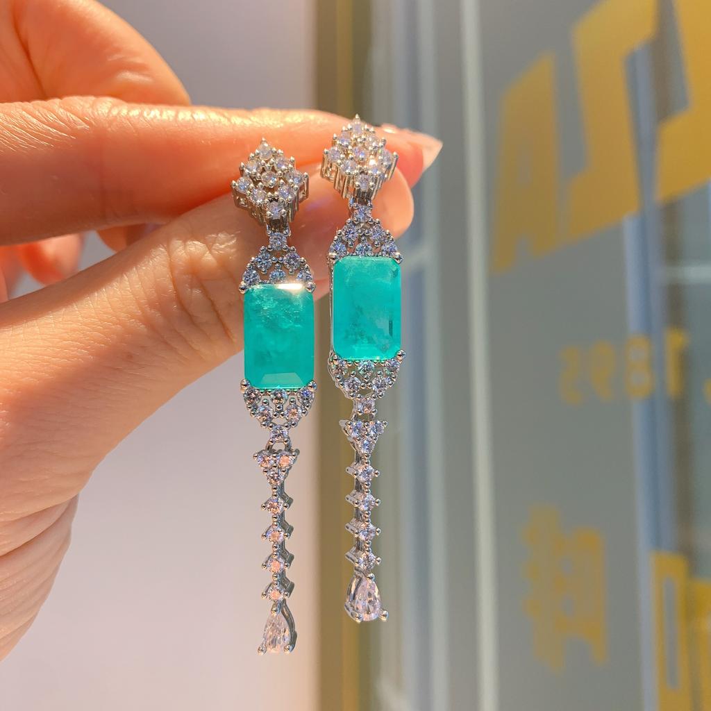 S111 Silver Needle Earrings Colored Zircon Fringed Earrings European and American Paraiba Long Earrings