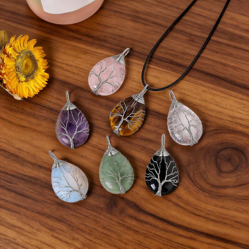 Custom Logo Natural Crystal Tree of Life Pendant Water Drop Healing Stone Handmade Wire Wrapped Necklace