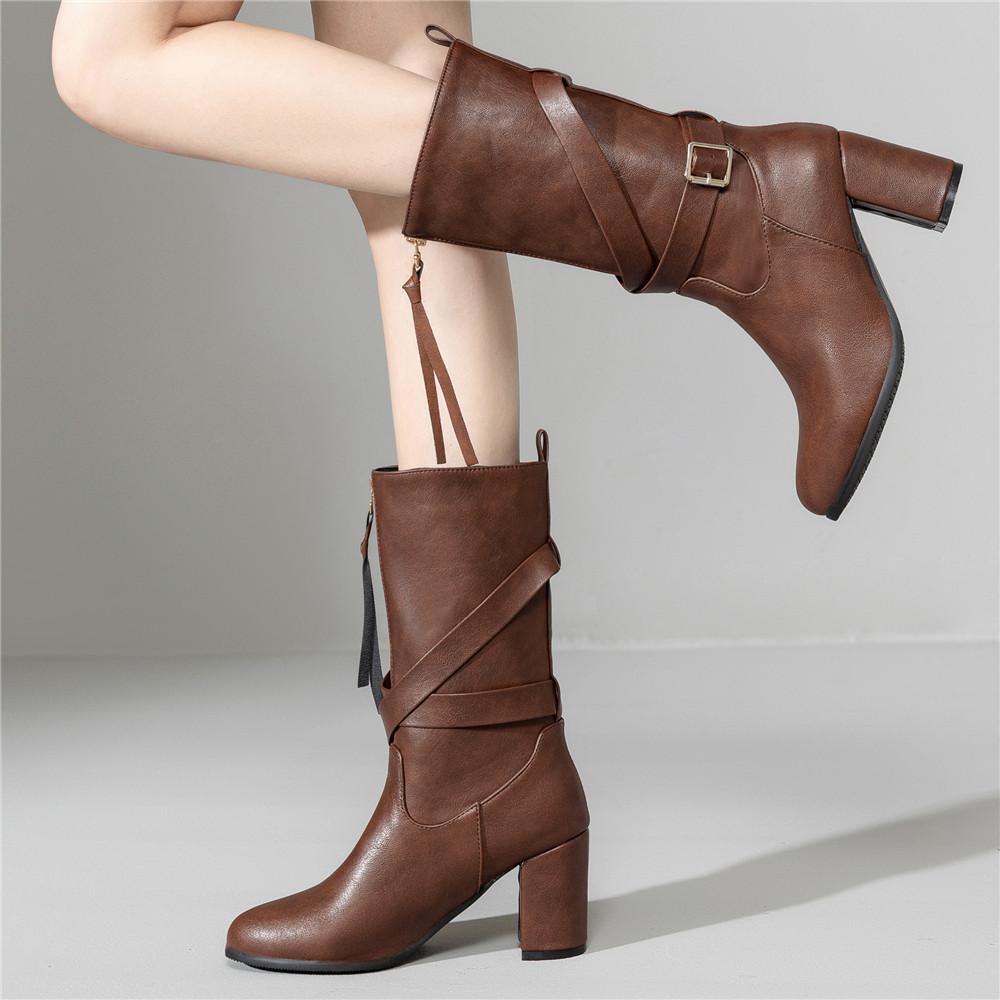 Fashion 2025 High Quality Women's Shoes Belt Buckle High Heels Boots Solid Modern Boats Women Hot Sale Round Toe Zip Mid-Calf Booties