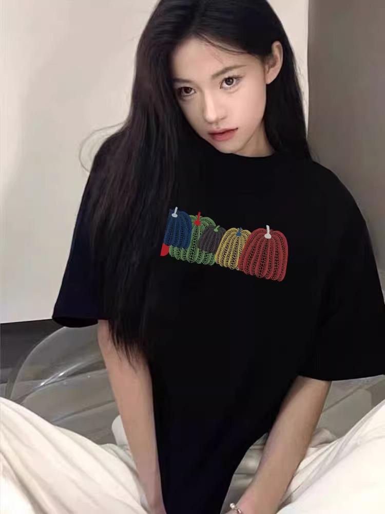 Women's Pure Cotton Black Short Sleeve T-Shirt - 2025 New Summer Style, Straight Shoulder, Loose Fit.