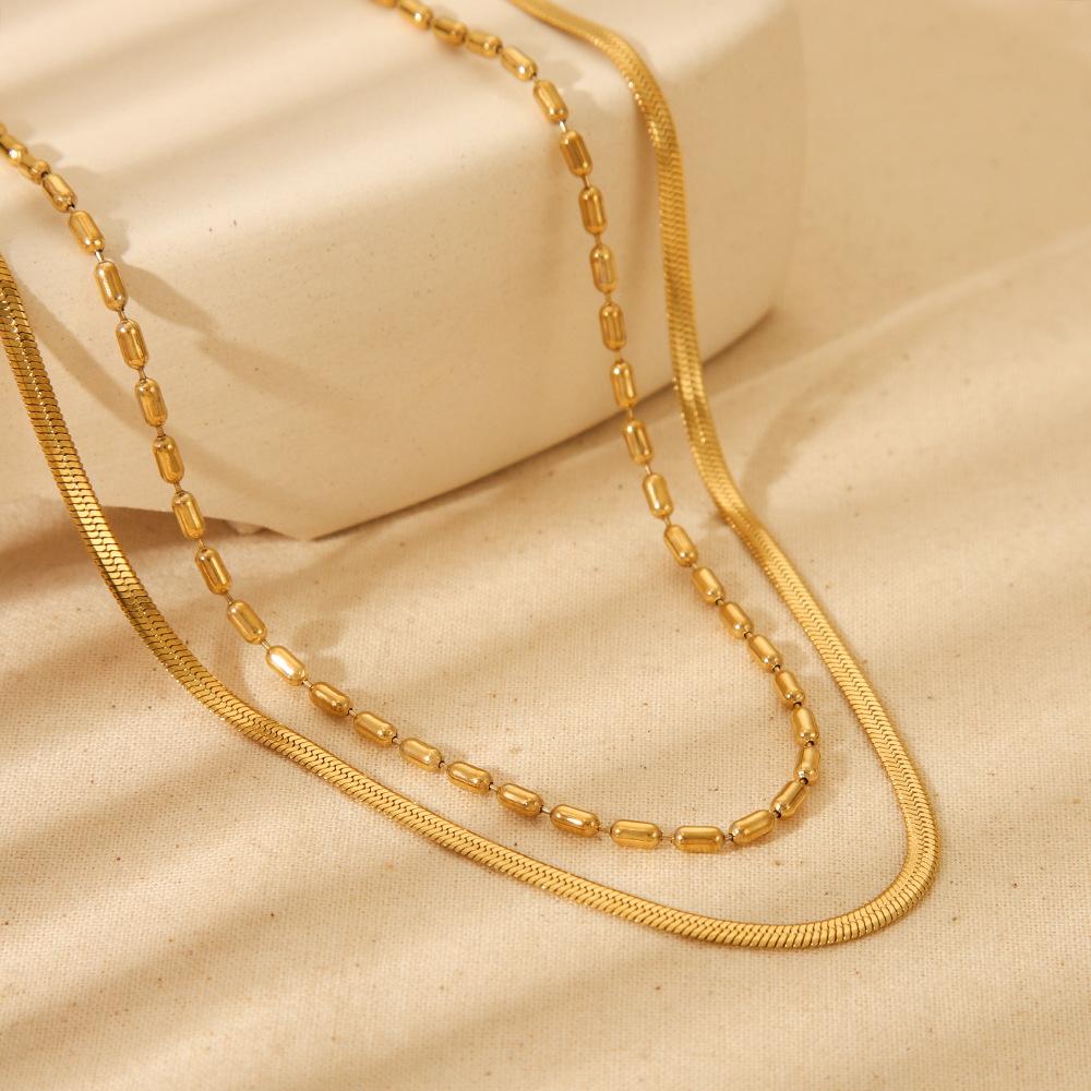 European and American Simple Stacked Double-layer Rice Bead Flat Snake Chain Necklace Electroplated 18K Gold Stainless Steel Versatile Jewelry Women