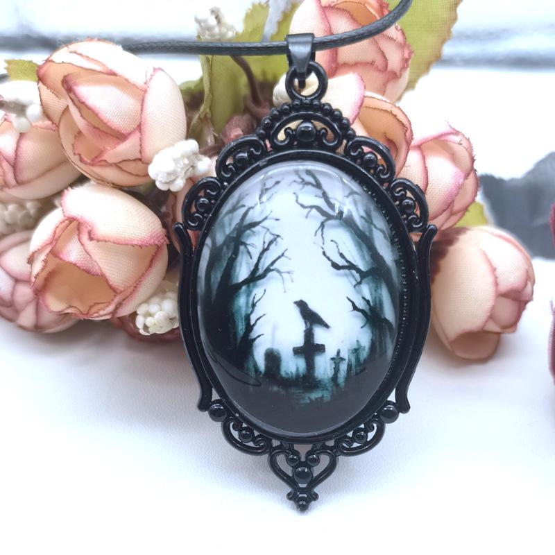 Gothic Raven Cross Glass Pendant Necklace - European American Fashion Jewelry белый
