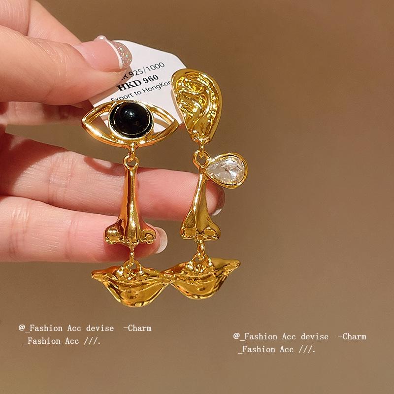 Vintage Court Style Earrings with Teardrop, Eyes, Mouth, and Rhinestone Inlays