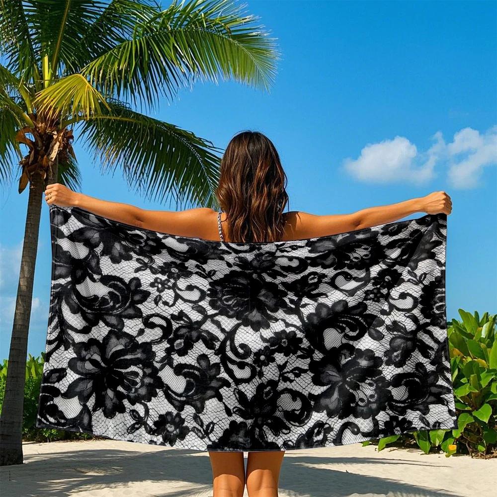 Black Lace Floral Quick Drying Bath Towel Microfiber beach towel - light weight swimming camping  yoga beach out