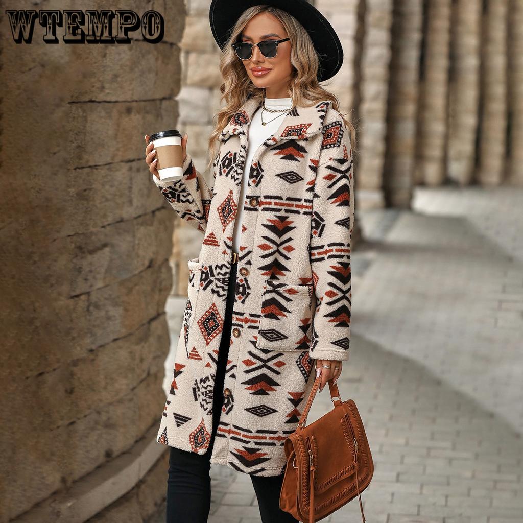 Cappotto Lungo Giacca da Donna a Senso Unico Stile Etnico Stampato Peluche Autunno Inverno