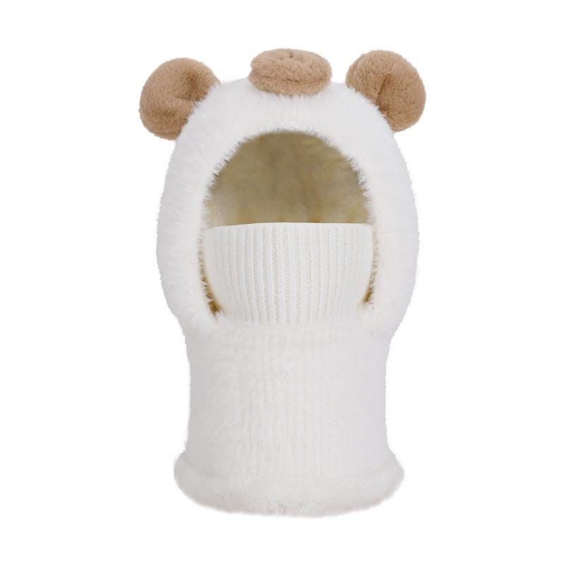

Kids Warm Knit Hat With Furry Bear Character And Neck Cover For Outdoor Play білий