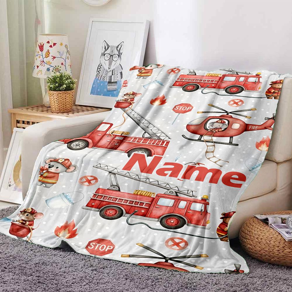 Custom Name fire truck Theme Printed Blanket - Perfect for Couch, Bed, Travel & Outdoor Use | Machine Washable, Cozy & Durable.