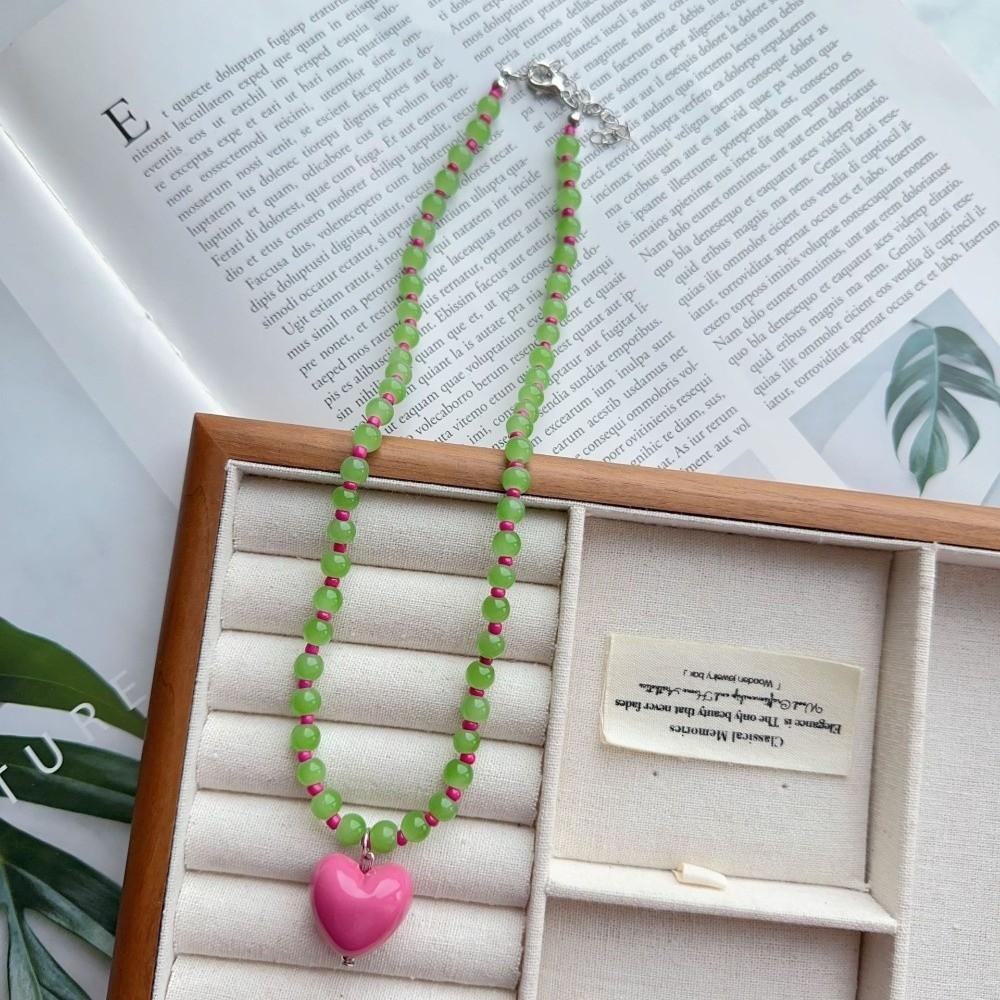 Acrylic Glass Beaded Chain Spring Summer Choker Necklace Fashion Heart Pendant Neck Accessories