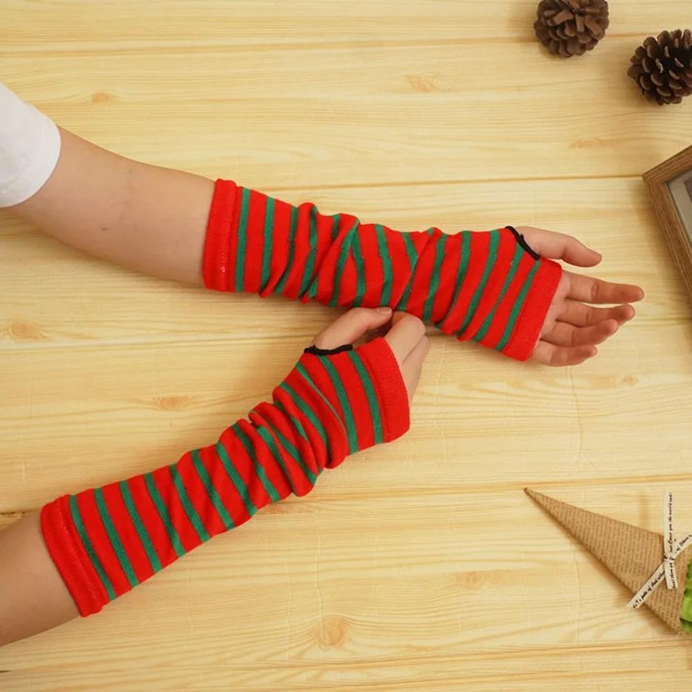 Men Women Winter Warm Long Sleeves Fingerless Gloves, Stripe Hip-Hop Knitted Elbow Mittens, Elastic Outdoor Arm Warmer Mitts