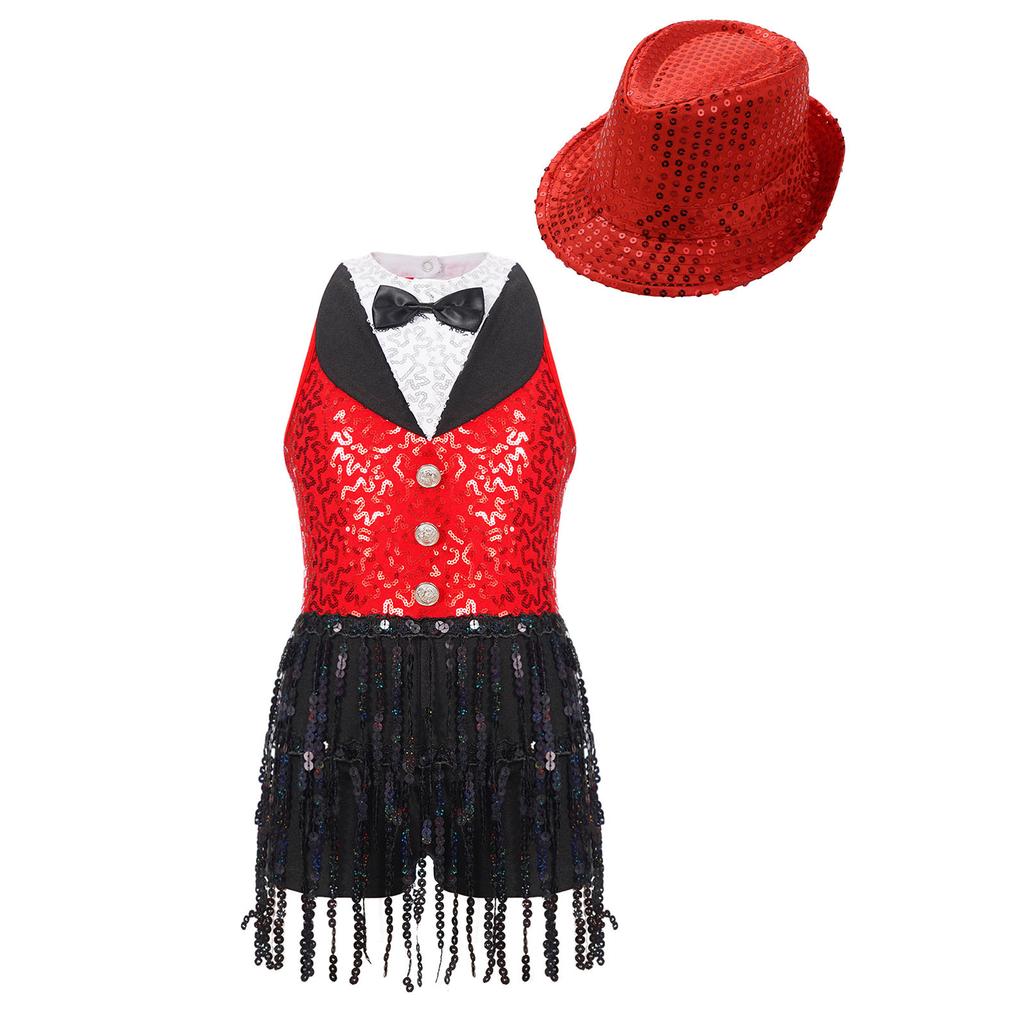 Mädchen Pailletten Jumpsuit Tanzset Ärmellos Rundhals Schlüsselloch Rücken mit Hut Jazz Performance Wettbewerbsoutfit