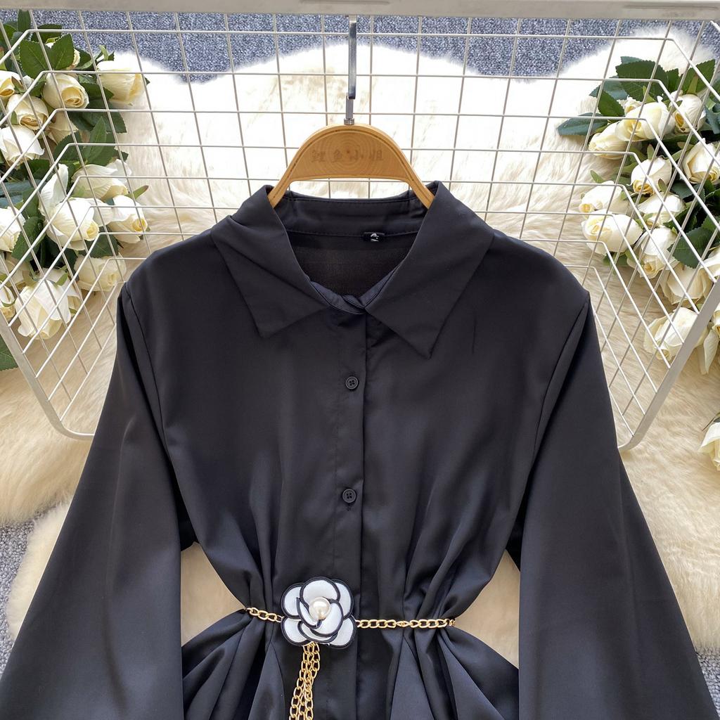 Women's Spring Autumn Loose Casual Dress Metal Chain Waist French Style Long Lantern Sleeves Elegant Shirt Dresses