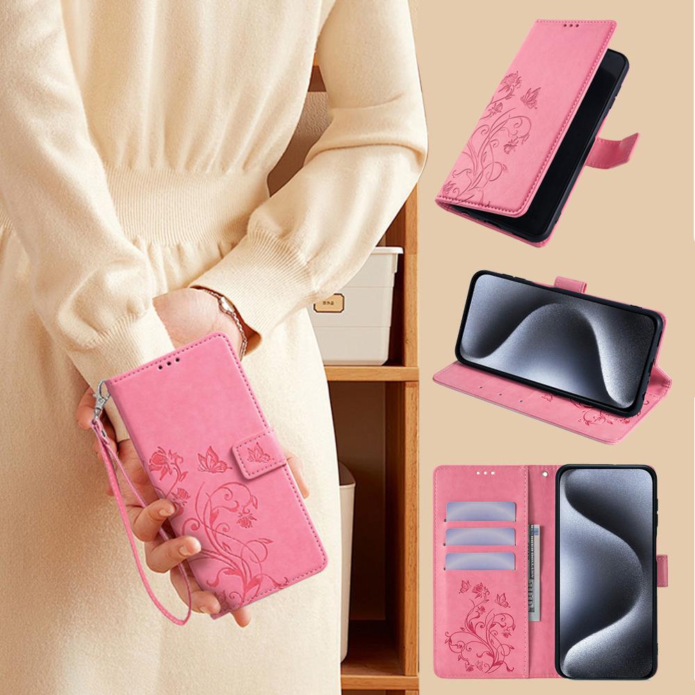 For Motorola Moto E14 4G/G04 4G/G04s 4G/G24 4G Leather Case Wallet Card Slots Butterfly Flower Phone Cover with Strap