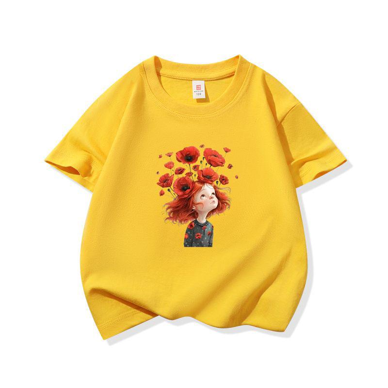 Kids Cotton T Shirt Red Flower Girl Print Crew Neck Short Sleeve Tee Casual Breathable Boys Girls Summer Tops
